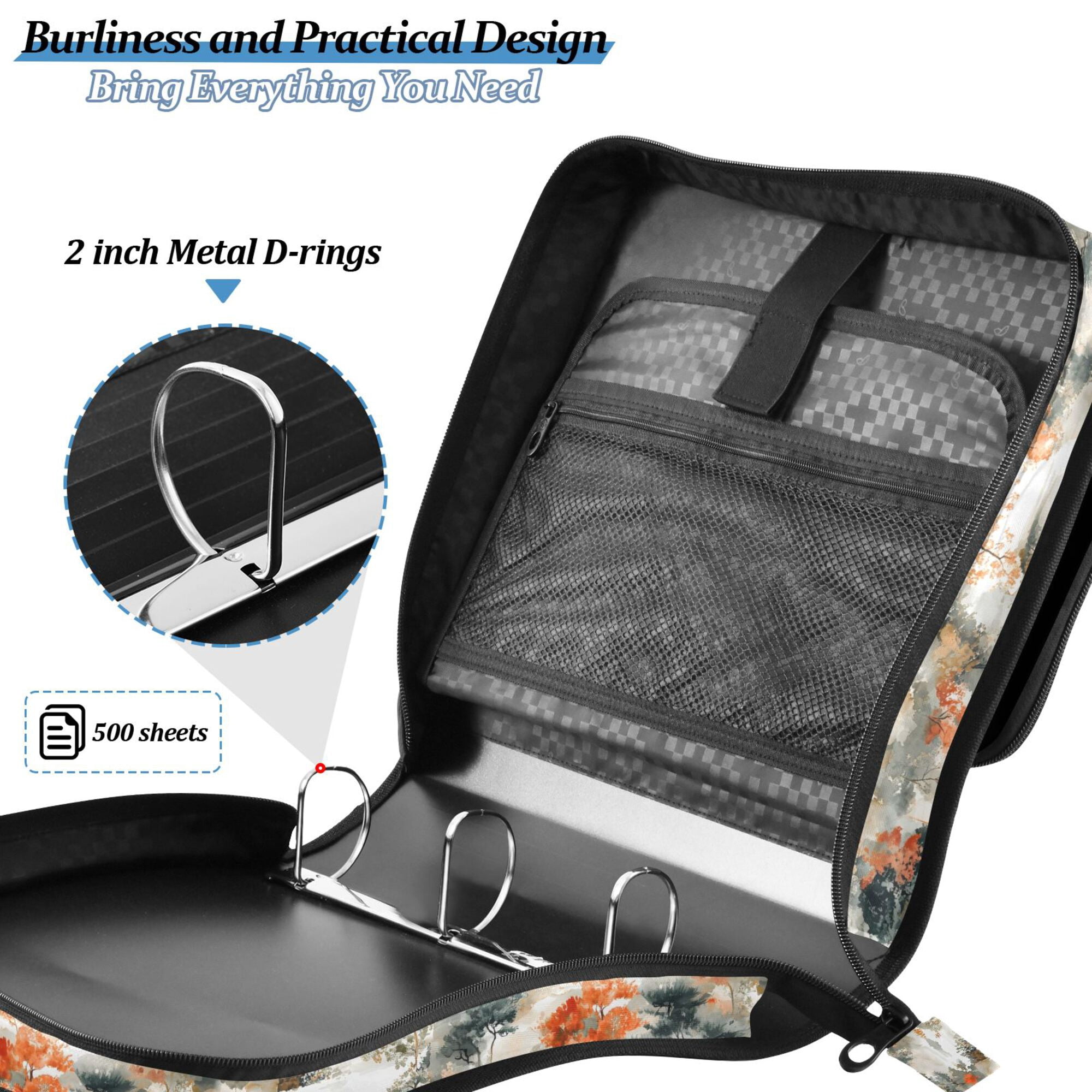 FORMRS Zipper Binder with Shoulder Strap 2-inch Ring 500 Sheet Capacity File Bag, Mountain Pattern