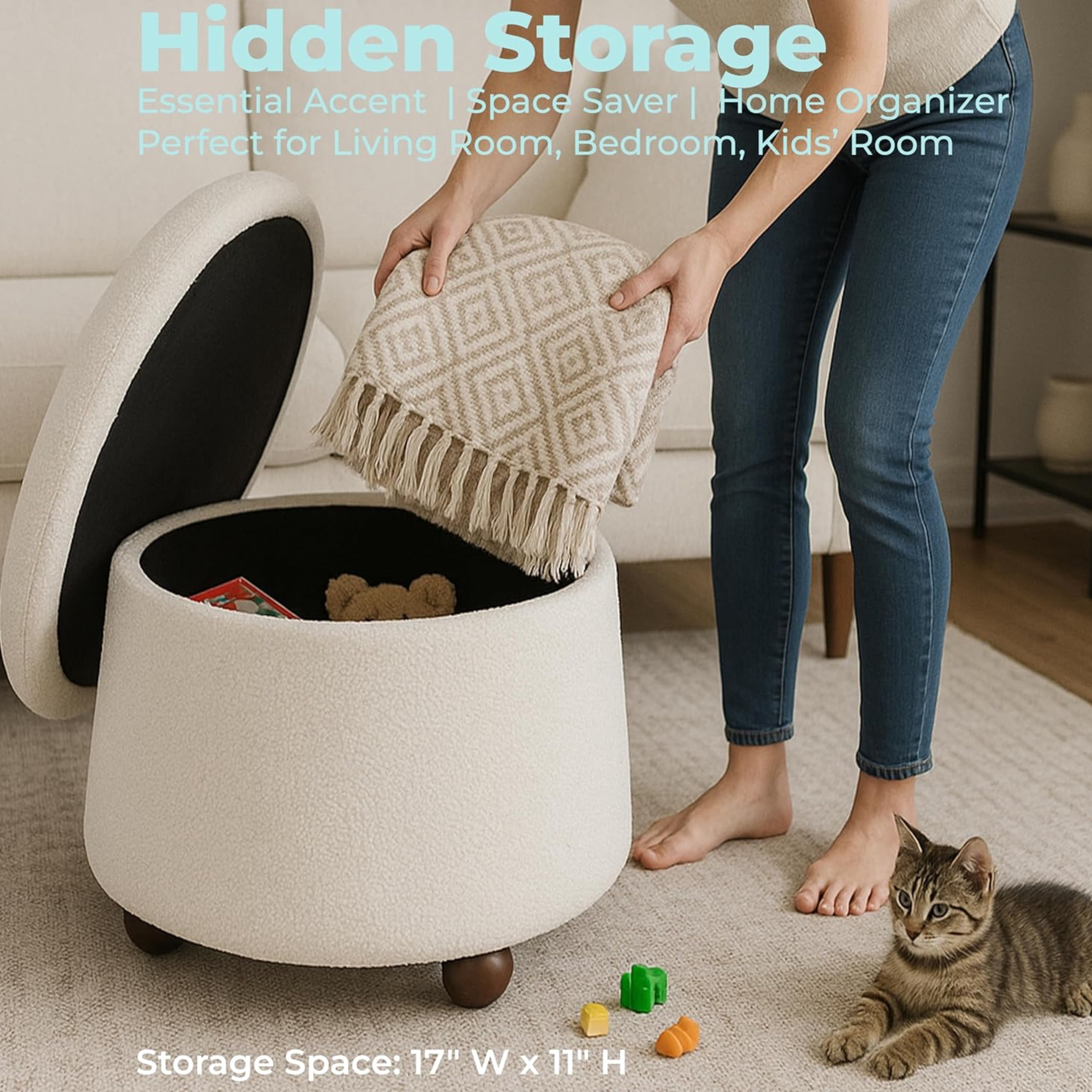 Aria Home Modern Fabric Mushroom Storage Ottoman Footrest Accent Seat Living Room, Cream