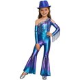 thumbnail image 1 of RUNQHUI Kids Girls Metallic Ruffle Flared Jumpsuit with Hat Set Fringed Performance Disco Dance Outfit Blue 12, 1 of 6