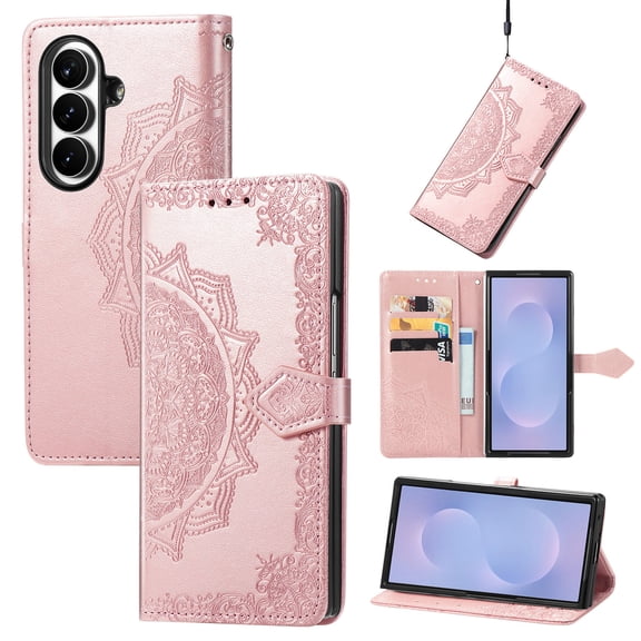 Stylish Wallet Case for Samsung Galaxy Z Fold7, Floral Embossed PU Leather Magnetic Closure Kickstand Card Slots Wrist Strap Phone Cover for Samsung Galaxy Z Fold7, Rosegold