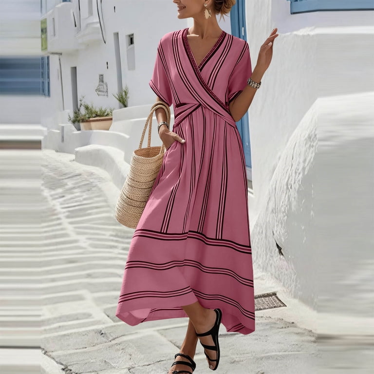 Women's Summer Flowy Maxi Dress – V-Neck Boho Striped Casual Loose Fit, Wrap Beach Vacation Outfit Women's Boho Maxi Dress