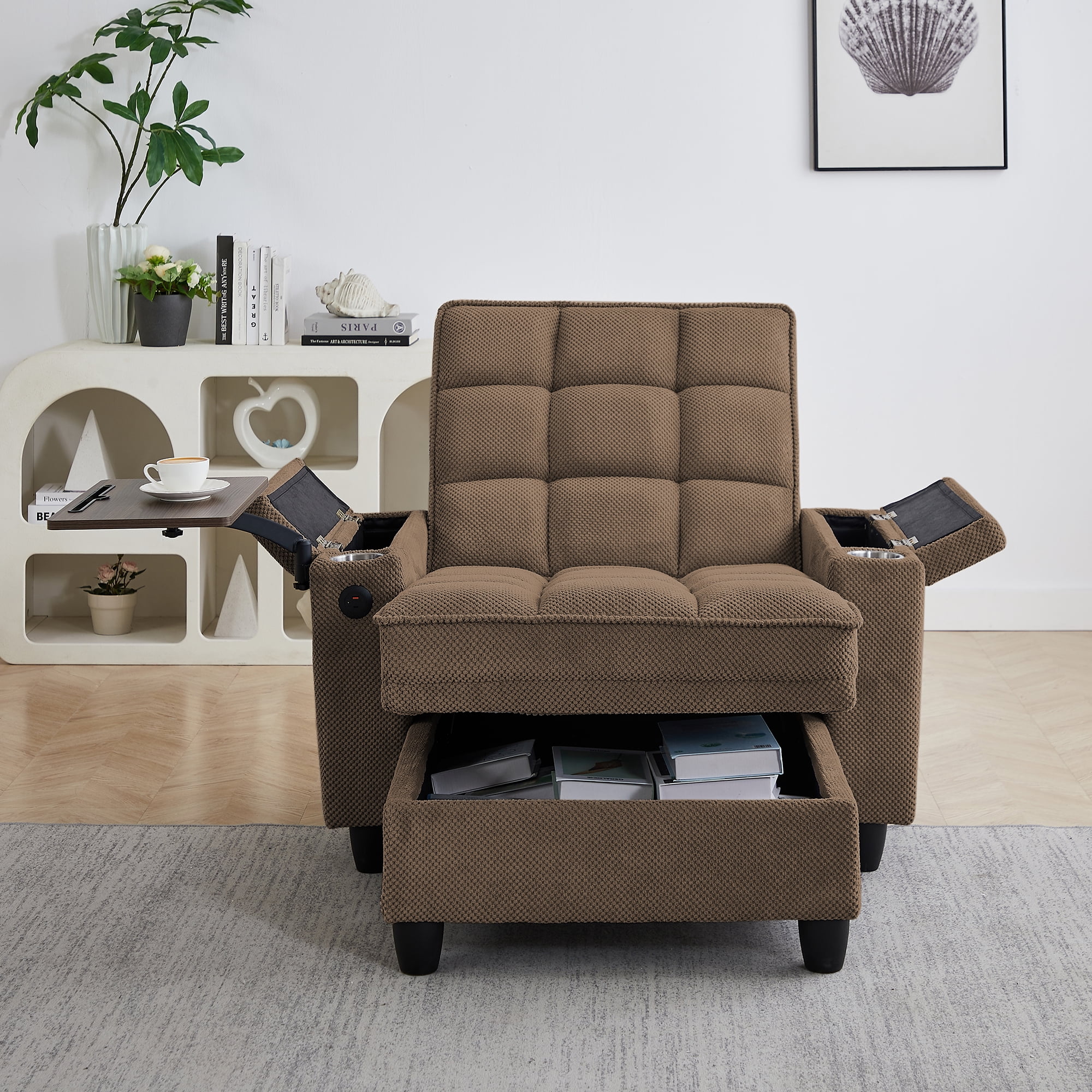 Gewnee 3-in-1 Convertible Sleeper Chair, Pull Out Single Sofa Bed with Adjustable Backrest, 360° Swivel Side Table, USB Charging Ports & Cup Holders, Ideal for Dorms & Offices, Coffee