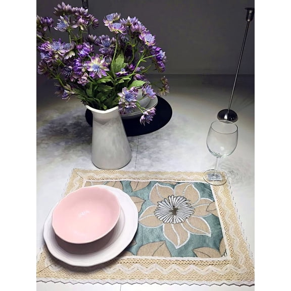 OctoRose Placemats Chenille with Cotton Lace Set of 4 Aqua Blue