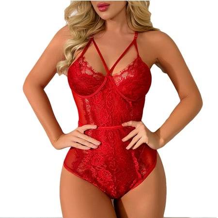 

DENGDENG Sexy Lingerie for Women Hide Belly Sexy One Piece Bodysuit Lace Strappy Babydoll Eyelash Teddy Red S