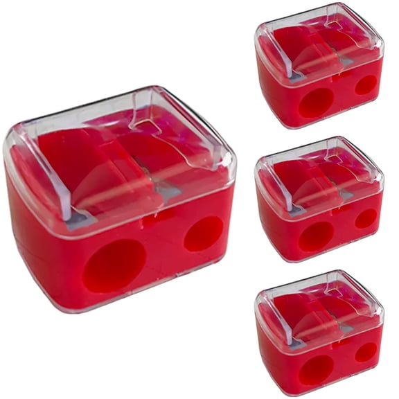 4 Pcs Dual Holes Handheld Pencil Sharpener, Red Plastic Manual Pencil Sharpener with Manganese Steel Cutting Edge, Transparent Lid for Eyeliner, Lip, Eyeshadow Pencils, Art Supplies, 1.38 x 1.18 in