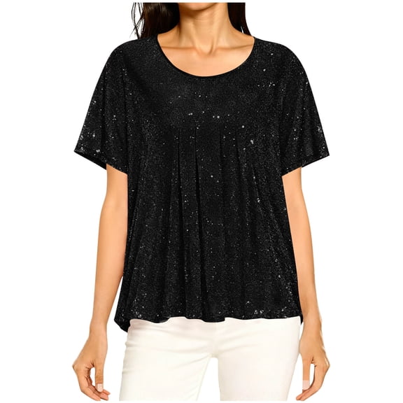 HongQid Sparkly Glitter Short Sleeve Shirts for Women Sparkle Bling T Shirts Trendy Loose Casual Basic Tees Tops
