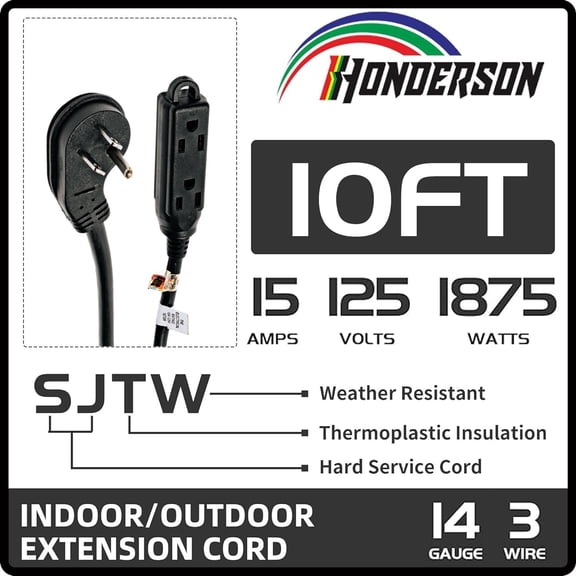 JUNXIAO-3-Outlets Flat Plug Indoor Extension Cord Outlet Extender, UL Listed, 14 Gauge 10FT Black 3 Prong Heavy Duty, 14/3 SJTW 15A Power Strip