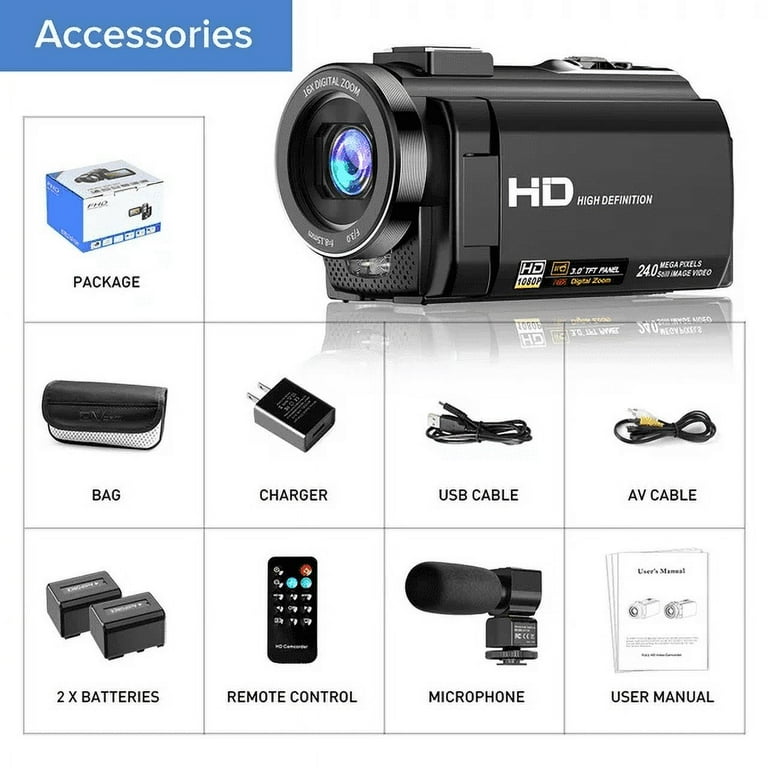Ultra FHD 1080P 30FPS 24MP Video Camcorder with Touch Screen, 16X