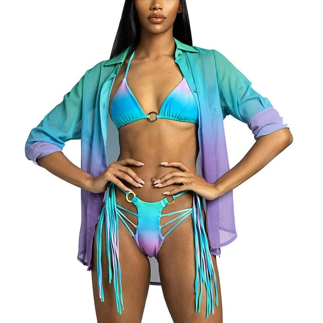 Maillots de Bain Trois Pièces pour Femmes, Bikini Triangle à Dos Nu Imprimé avec Paréo