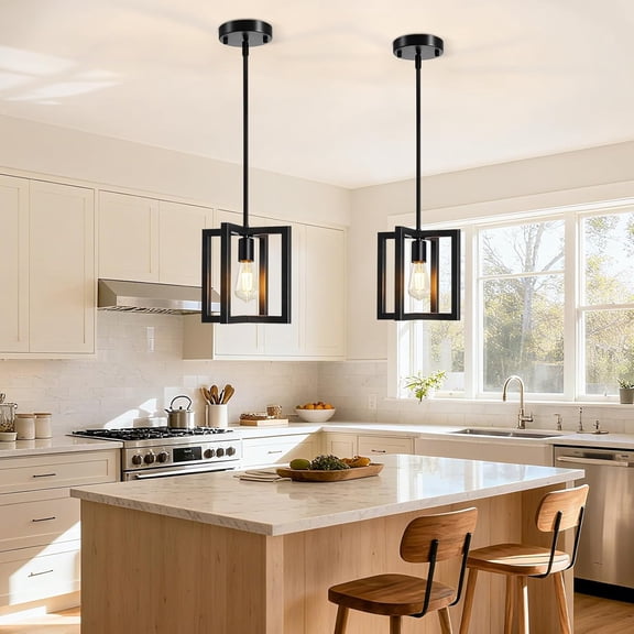 YNTVV-Pendant Light, Adjustable Height Farmhouse Pendant Light Fixtures, 1-Light Black Hanging Light Fixture for Flat&Sloped Ceiling, Metal Frame Pendant Lighting for Kitchen Island Dining Room Entry