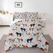Manfei Farm Animal Horse Queen Comforter Set,Rustic Farmhouse Horseshoe Bedding Sets,Brown Blue Heart Print Bedding Comforter Set For Kids,Breathable Home Decor Reversible,3 Pieces