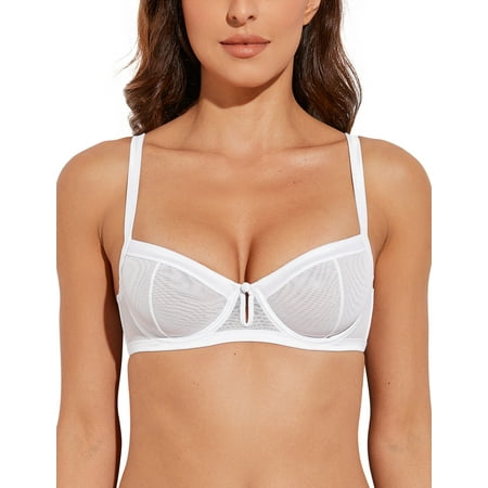 

Deyllo Lace Underwire Balconette Bra Sheer Unlined Demi Non Padded Bra See Through White 38D