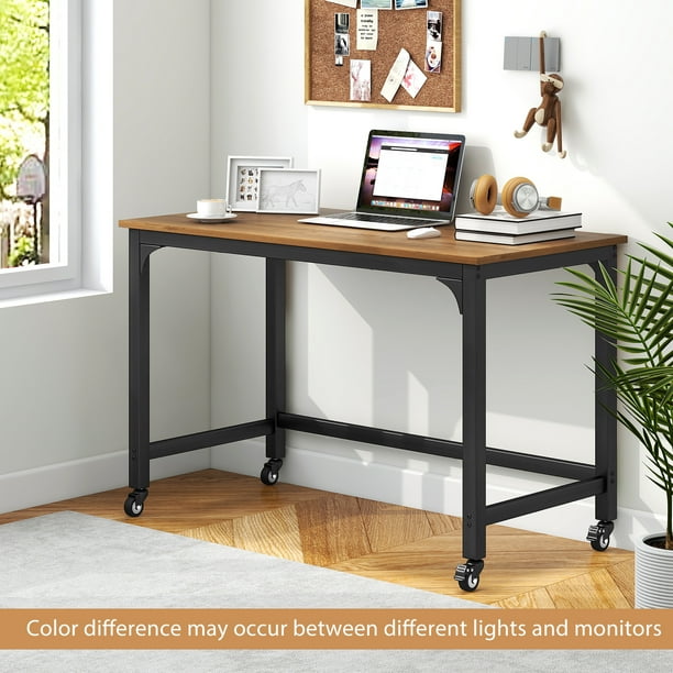Costway Rolling Computer Desk Metal Frame PC Laptop Table Wood Top