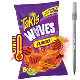 Takis Fuego Waves 8 oz Sharing Size Bag, Hot Chili Pepper & Lime Flavored Extreme Spicy Wavy Potato Chips with pan