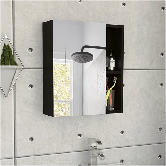 JERFIT 24" x 18" Wall Mount Medicine Cabinet with Mirror Door, 5 Adjustable Shelves, Black Bathroom Storage for Over Toilet Space