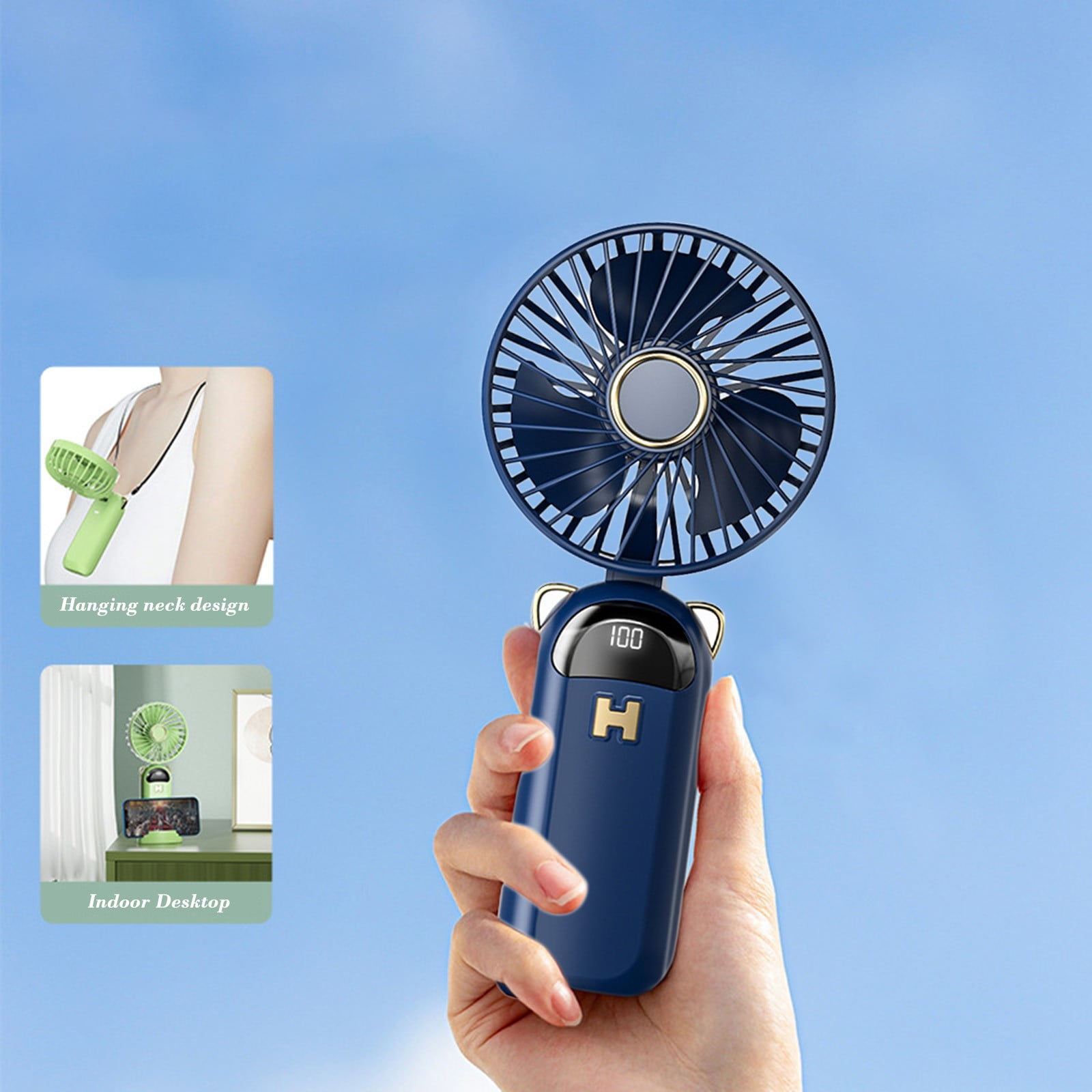 Blue Handheld Folding Fan Featuring Digital Screen 5