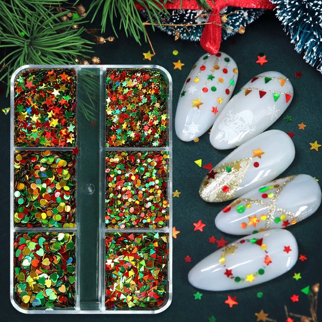 6 rejillas navideñas de purpurina para uñas en miniatura de colores mixtos, caja de purpurina para uñas con lentejuelas