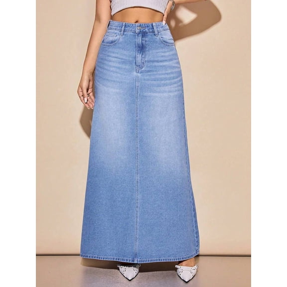 High-Waisted A-Line Maxi Denim Skirt With Pockets Light Wash-2