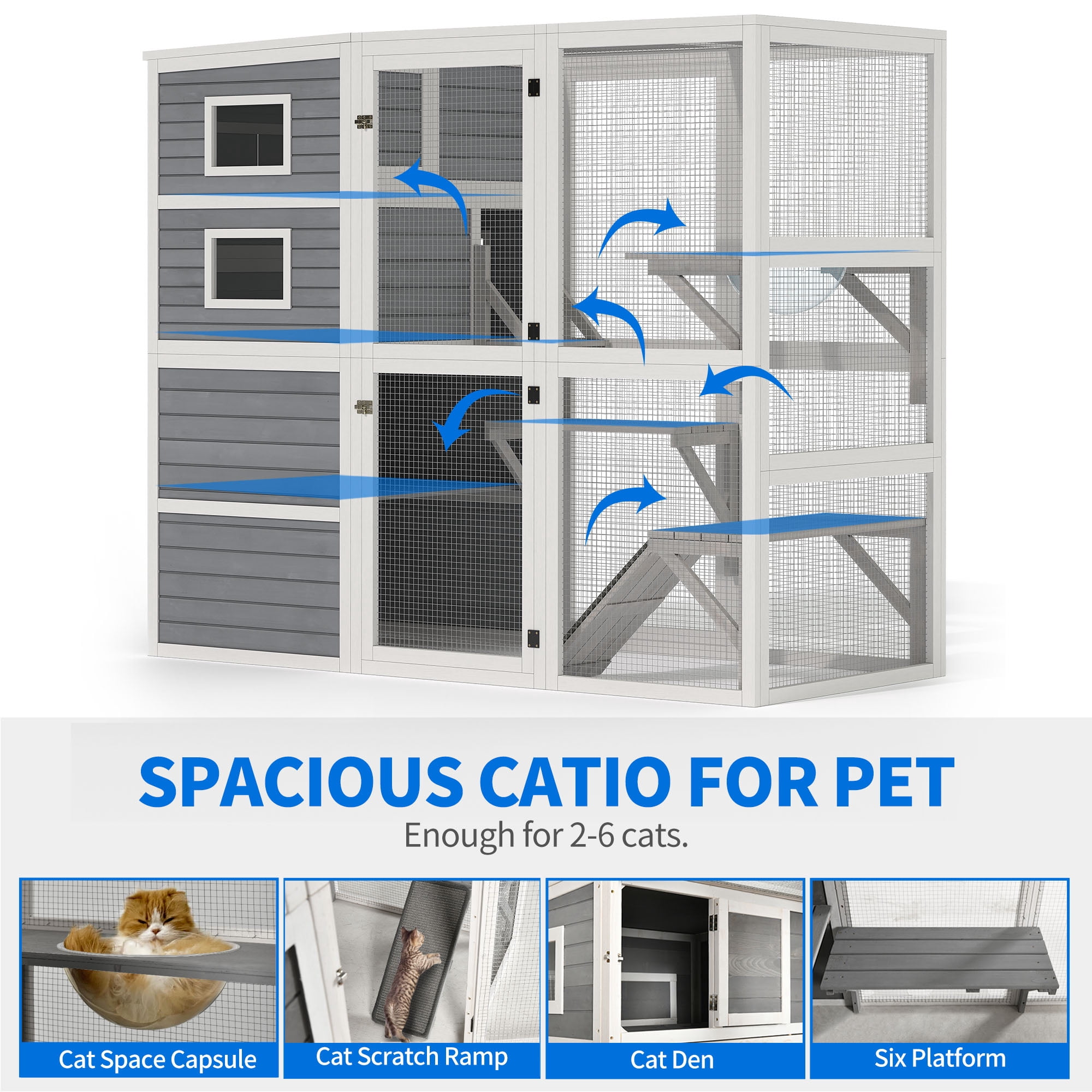 Uforic Cat House Outdoor, 77.9" Large Catio, Cat Enclosure with Weatherproof Roof, 3 Resting Boxes, 77.9 x 35.8 x 69.6 inch