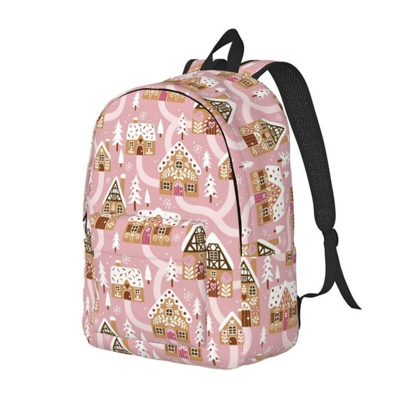 Ratiio Gingerbread Houses Pink Wonderland Print Canvas Backpack for Women & Men Retro Aesthetic Rucksack Basic Backpack for High School/College Students Travel Laptop Bag