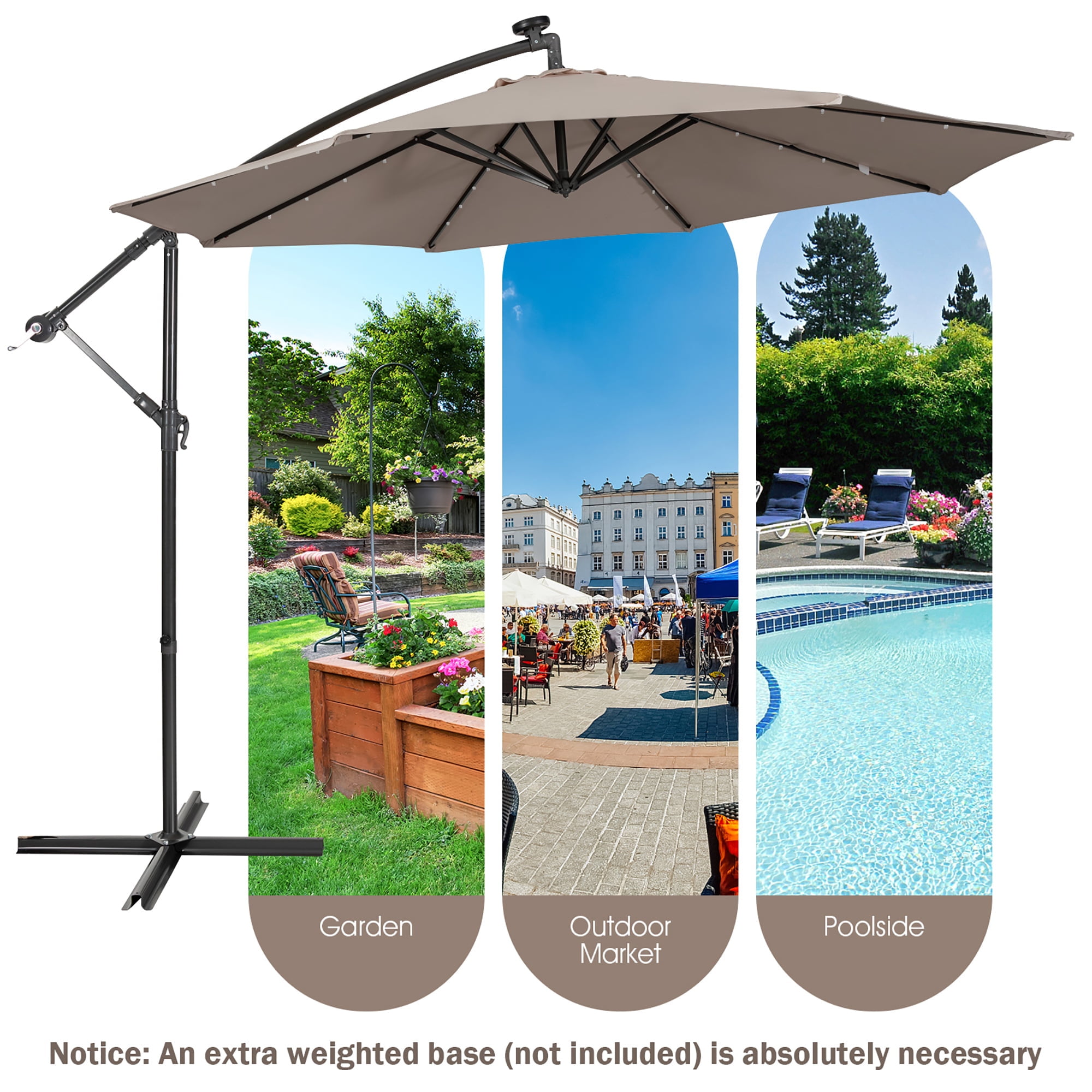 Costway 10FT Cantilever Solar Powered 32LED Lighted Patio Offset Umbrella Outdoor Coffee