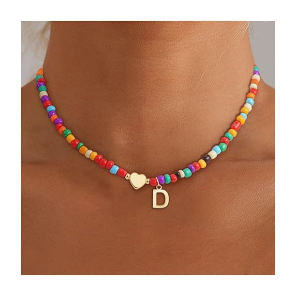 Gargantilla de cuentas para mujer, collar de cuentas de colores, collar con colgante inicial, gargantilla con inicial de corazón, regalo de cumpleaños para niñas, esposas y novias.