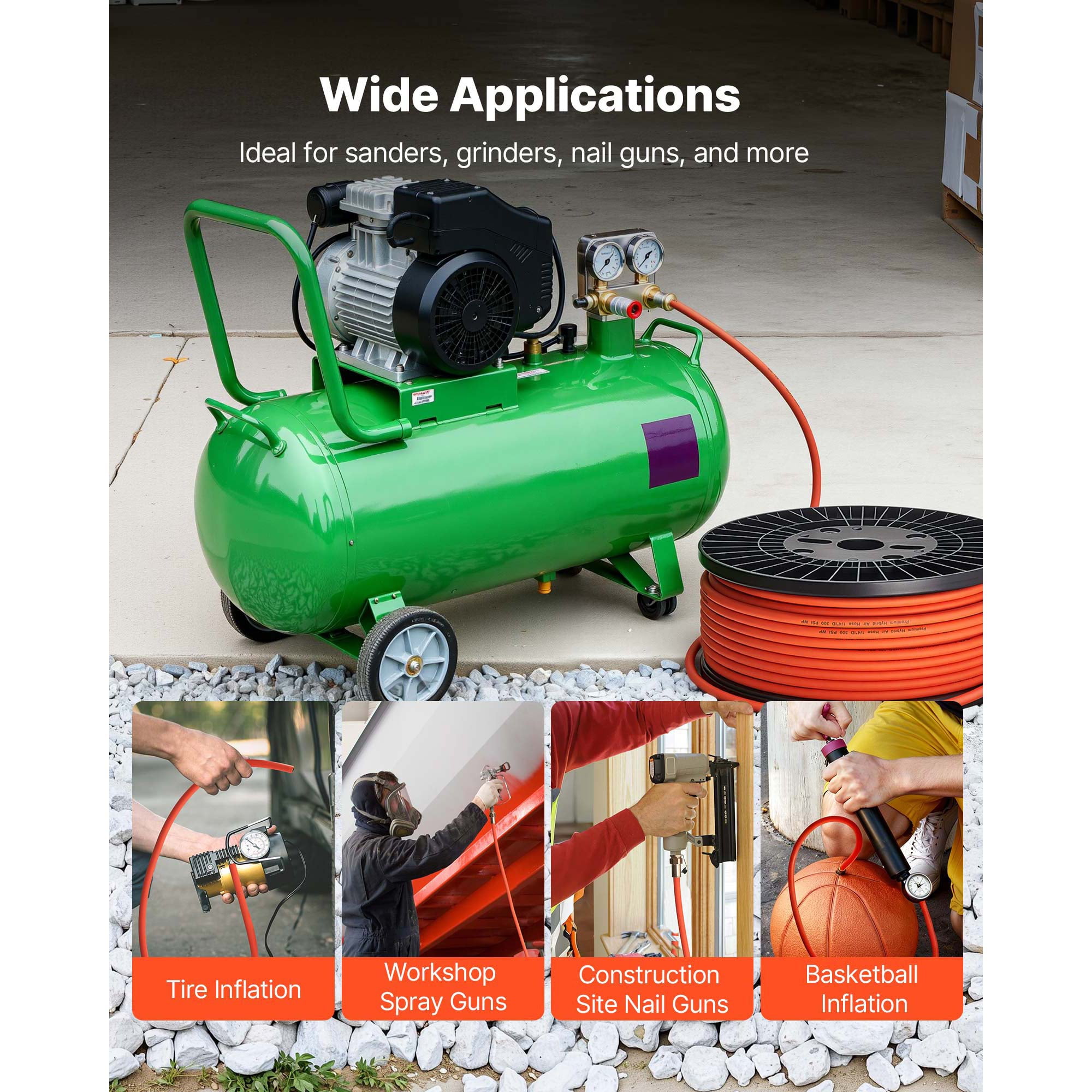 KFFKFF 1/4" x 250ft Hybrid Air Hose, Durable and Flexible Pneumatic Hose, Lightweight and Kink-Resistant Design for Automotive, Home, and Construction Use, 300 PSI, All-Weather Performance, Orange