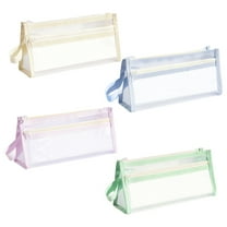 Yhmxh Grid Mesh Pencil Case with Handle and Zipper, Clear Double-layer Pencil Pouch Marker Pouch, Travel Makeup Bag, Cute Transparent Stationary Organizer Pen Bag for Adult Office College(Blue)