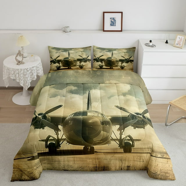 YST Ensemble de Douillette pour Garçons Avion, Literie Imprimée 3D Avion, Ensembles de Douillette Très Grand, Literie Décor Avion Vintage, Courtepointe Duvetée au Design Rétro force Armée avec 2 Taies d'Oreiller