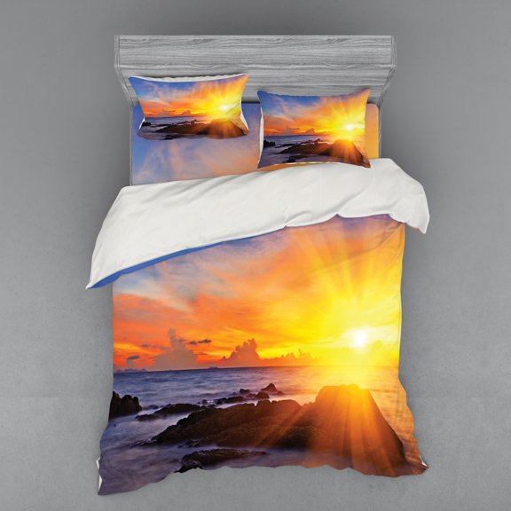 Ambesonne Tropical Bedding Set 4 Pcs, Colorful Sunset Sky, Queen, Orange Blue
