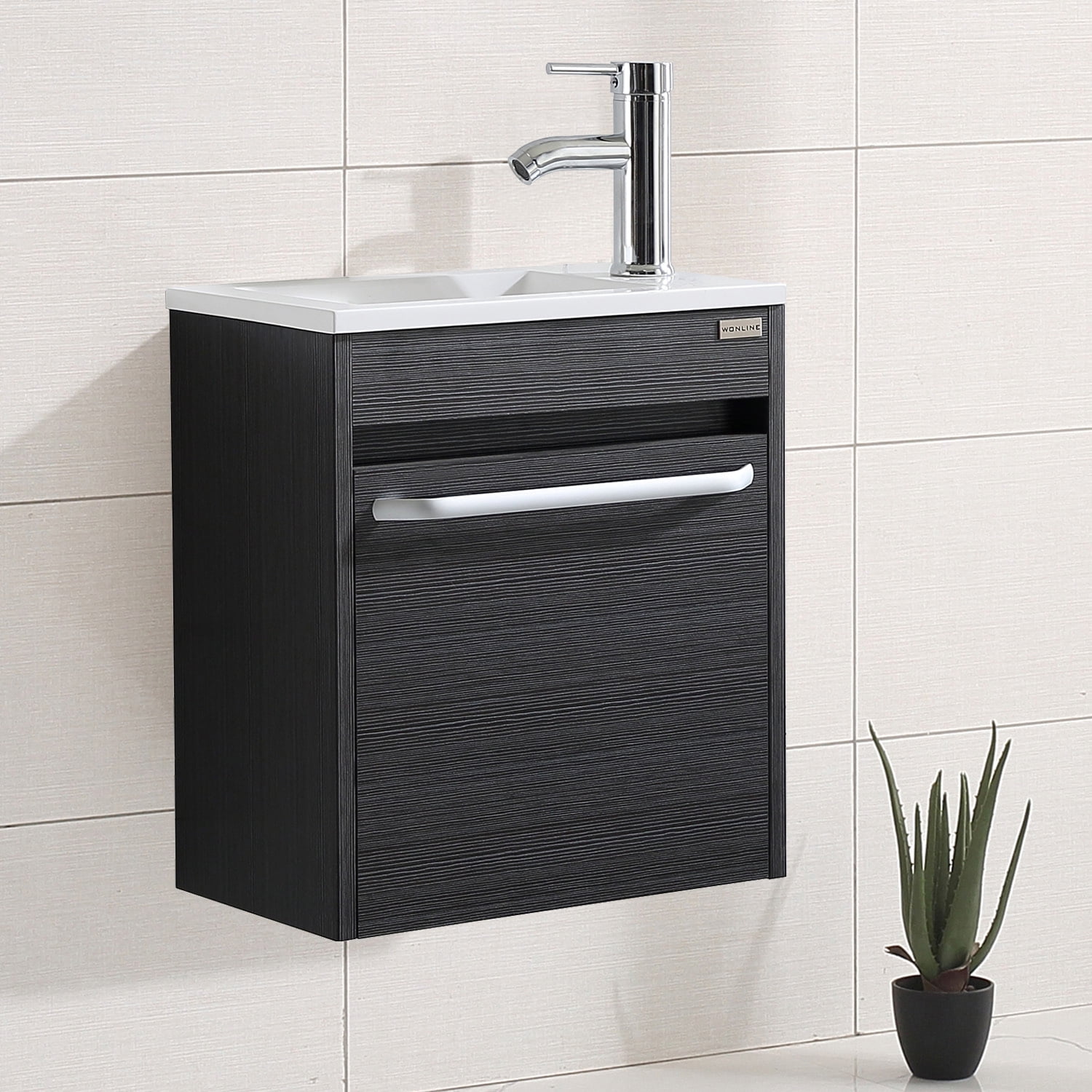 Wonline 16" Floating Bathroom Vanity Wall Mounted Black Vanity for Small Bathroom Single Cabinet Resin Basin Faucet Black