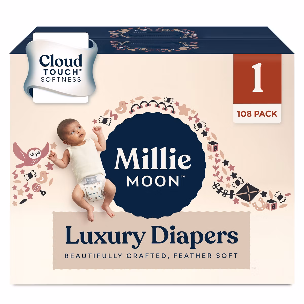 Millie Moon Luxury Diapers, Size 1, Cloud Touch Softness, Ultra Absorbent Disposable Baby Diapers, 108 Count