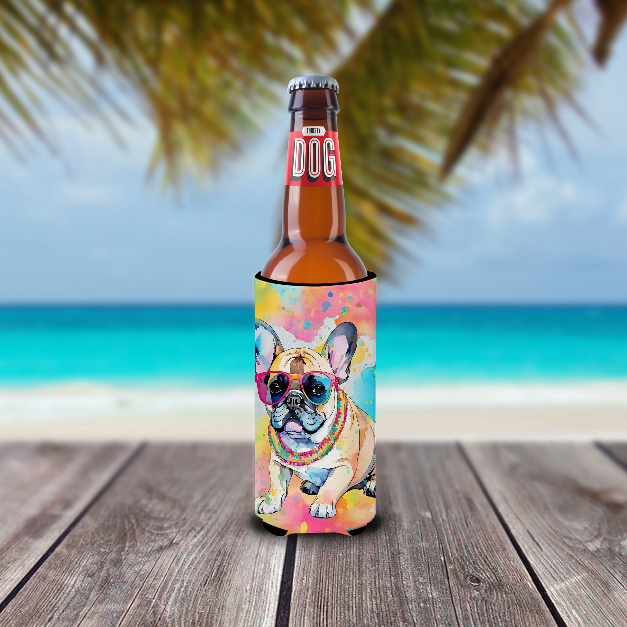 French Bulldog Hippie Dawg Hugger for Ultra Slim Cans 4 in x 6.5 in