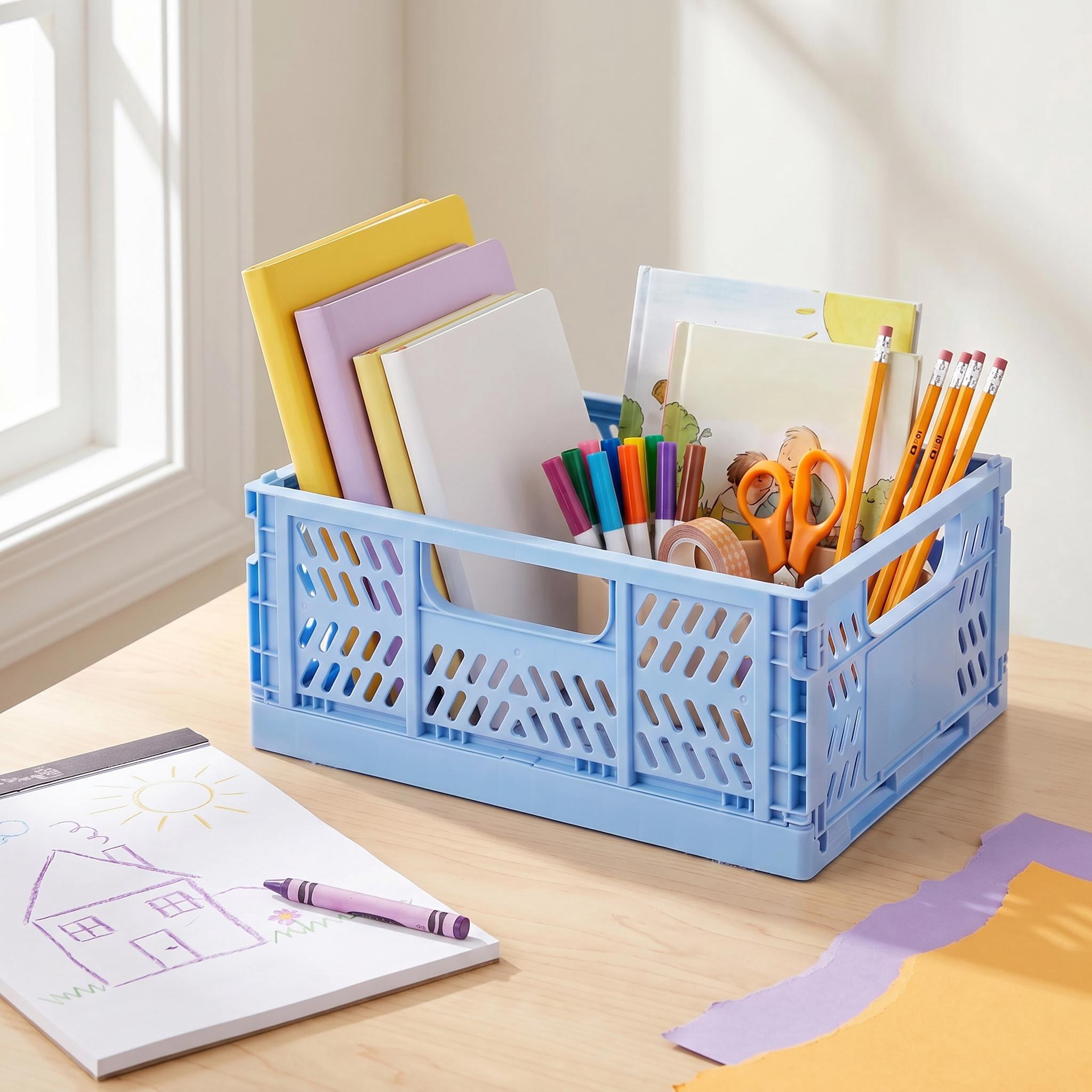 Pen+Gear Small Plastic Collapsible Crate, Blue, 11.41 in x 8.26 in x 4.72 in