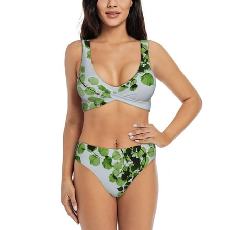 Rocae Watercolor Green Leaves for Bikini Set for Women Two Piece Sexy High Swimsuits Split Crossover Bikini Large