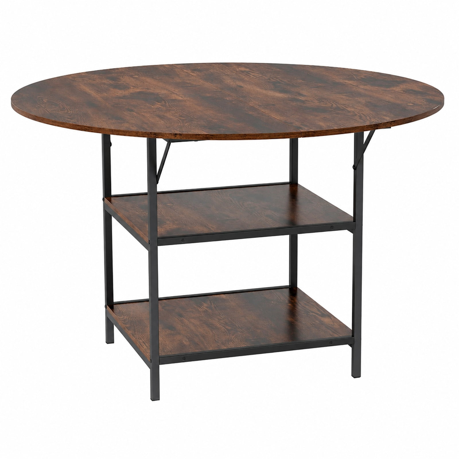 Furnibear 47 Inch Round Dining Table for 4 to 6 with 2 Tier Storage Shelves and Sturdy Metal Frame for Kitchen and Apartment, Rustic Brown
