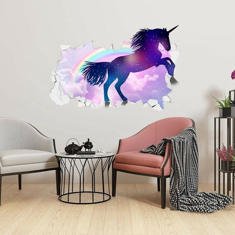 Akoada Girls Kids Bedroom Purple Fly Unicorns Wall Stickers 3d Broken Wall Art Decals Walmart Com Walmart Com