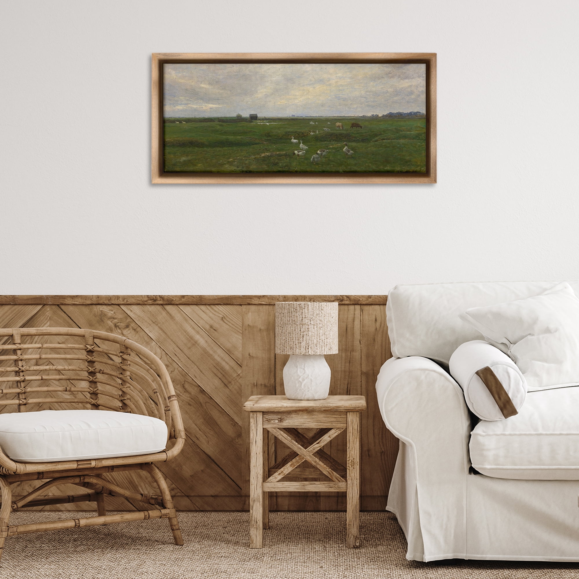 Stupell Industries Grazing Ducks & Horses Landscape & Nature Painting Brown Floater Framed Canvas Art Print Wall Art, 31 x 14