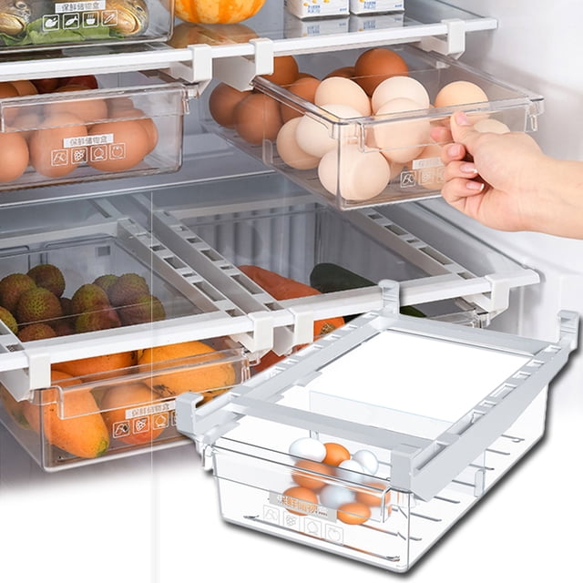 Plastic Clear Refrigerator Organizer Bins with Handle, Pull-out Fridge Drawer Organizer, Freely Pullable Refrigerator Storage Box - 2 Divided Sections