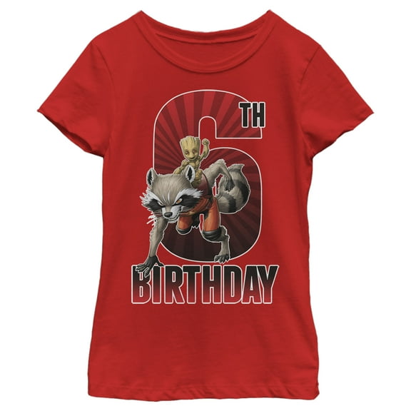 Girl's Marvel Rocket and Baby Groot 6th Birthday  Graphic Tee Red X Small