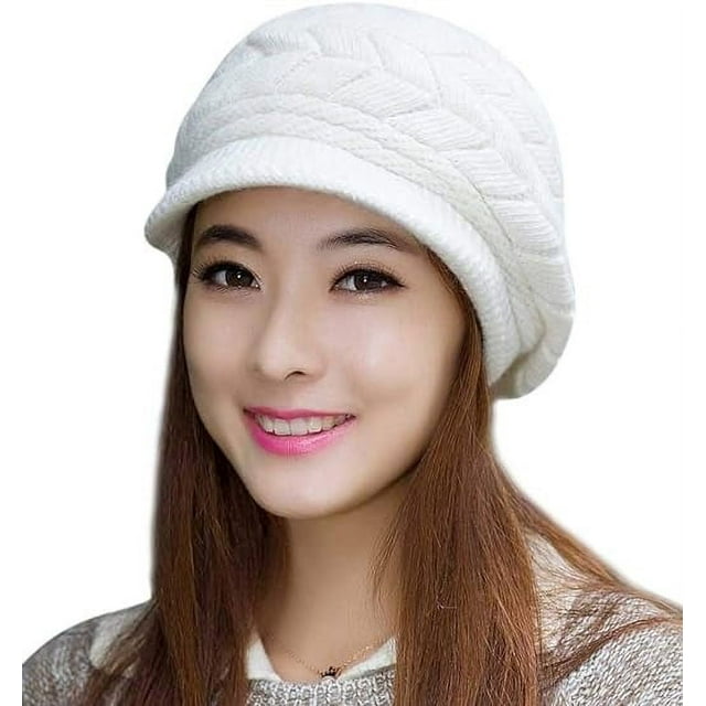 Gorro de punto cálido de invierno para mujer, gorro holgado con visera, gorro de pico de pato de ala corta cálido de felpa para mujer, blanco