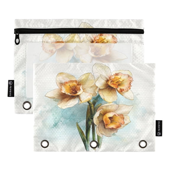 2 Pack 3 Ring Binder Pouch with Clear PVC Window Water Resistant Zipper Pencil Pouch Soft Bloom Trio Pattern Binder Pocket for Classroom Office Home Stationery Organization