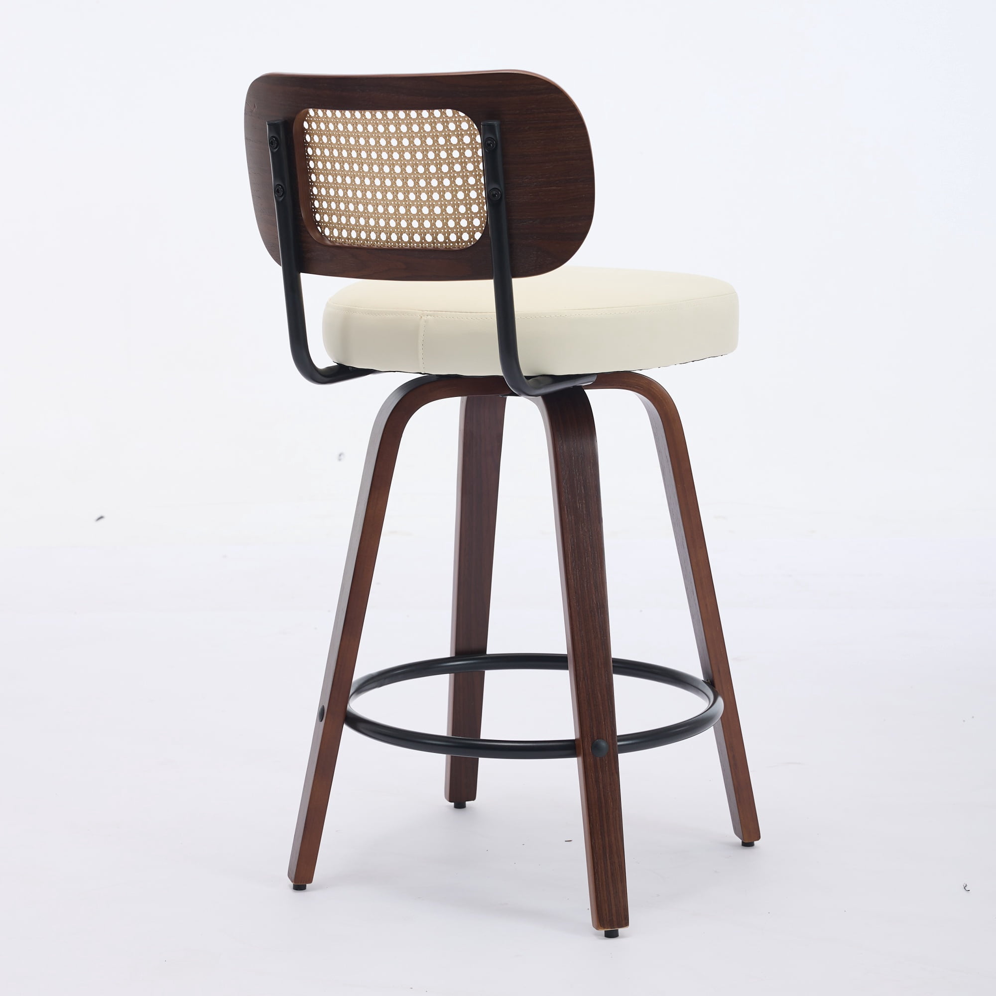 Oufan Swivel Bar Stools Set of 3, Wooden Counter Height Bar Chairs w/ Upholstered Seat & Rattan Backrest, Farmhouse Barstool for Kitchen Island,Cafe