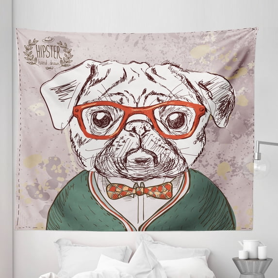 Colorful Tapestry, Vintage Illustration of Old Hipster Pug Pet Glasses Bow Master of Professor Funny, Fabric Wall Hanging Decor for Bedroom Living Room Dorm, 5 Sizes, Multicolor, by Ambesonne