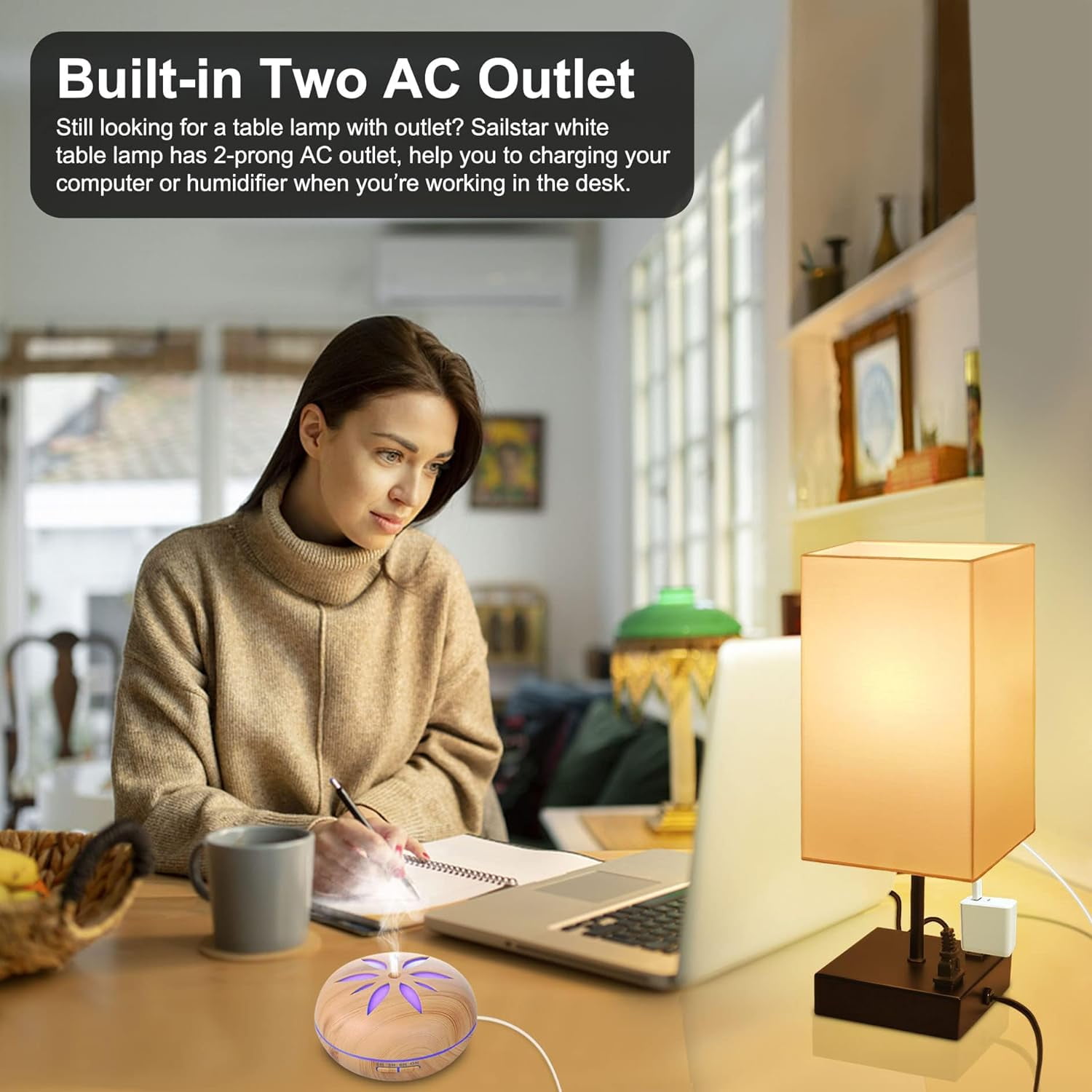 Sailstar Upgraded Bedside Lamp with USB C+A Charging Ports & 2AC Outlets, White Table Lamps for Bedroom, 3 Way Dimmable Touch Lamp, Small Space Nightstand Lamp for End Table, Bulb Included