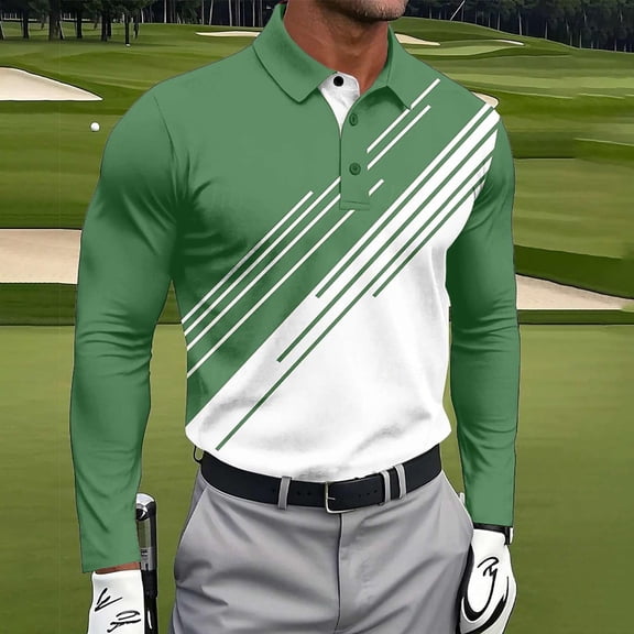 Golf Shirts for Men Long Sleeve Tshirts Shirt Mens Business Casual Color Block Pullover Button Collared Breathable Athletic Workout Tees Tops
