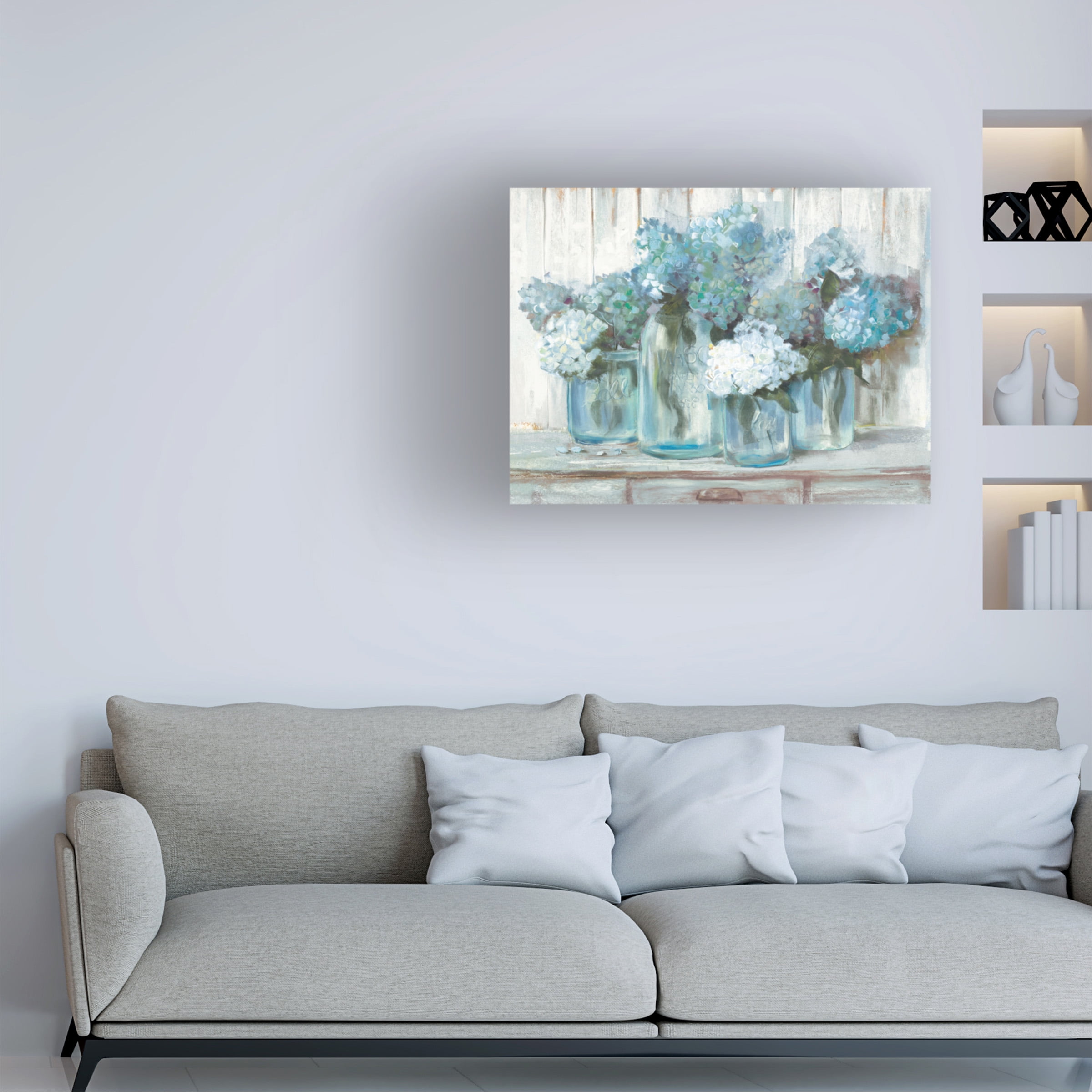 Carol Rowan 'Hydrangeas In Glass Jars Blue' Canvas Art
