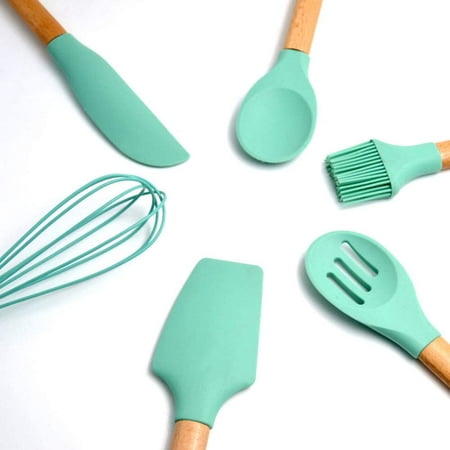 

SAYTAY Silicone Cooking Utensils Set 22 Pieces Non-stick Kitchen Utensils with Woodle Handle Heat Resistant Spatula Turner Tongs Spoon Brush Whisk Kitchen Gadgets Tools Set (Green 7 Pcs)