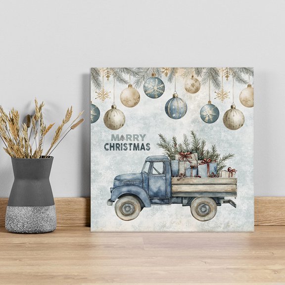 Blue Truck Christmas Wall Art Painting on Canvas, Xmas Balls Snowflake Vintage Canvas Art Home Prints Wall Art Framed Modern Artwork for Living Room Bedroom Wall Decor 12x12in