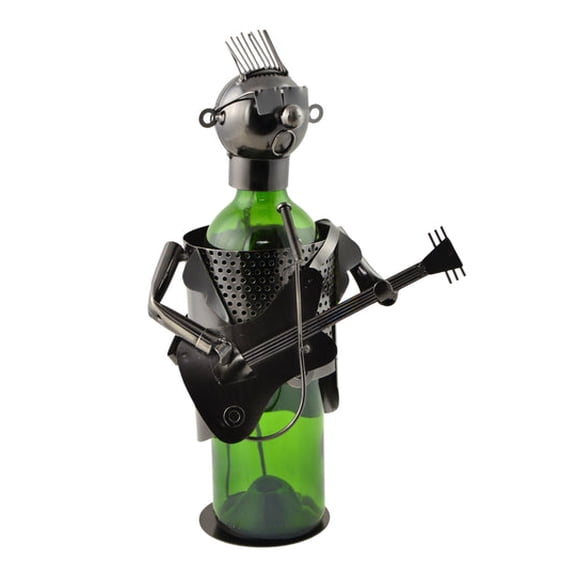 Guitar Player Wine Bottle Holder 12" Tall – Handmade Metal Wine Rack, Rustic Home Décor in Silver
